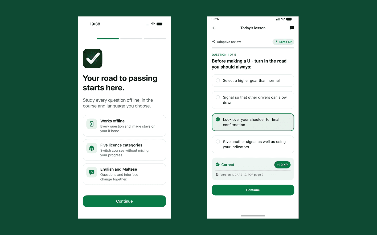 PassMalta onboarding on iOS and lesson feedback on Android