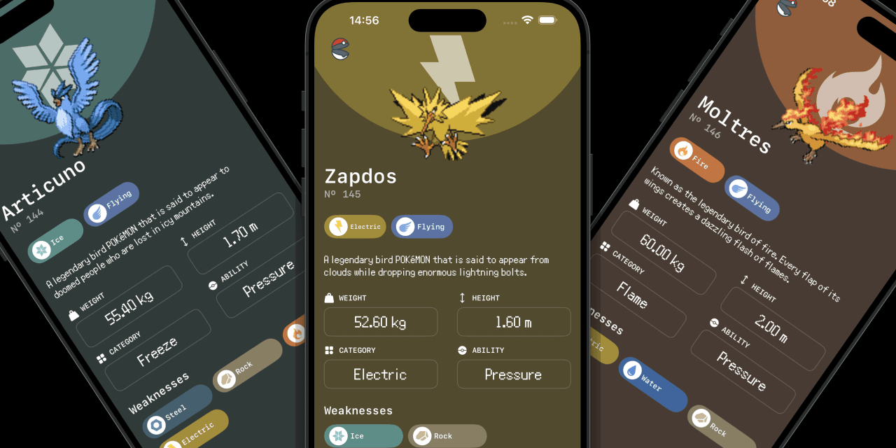 PokeStudy Pokémon catalog and detail screens in light and dark mode